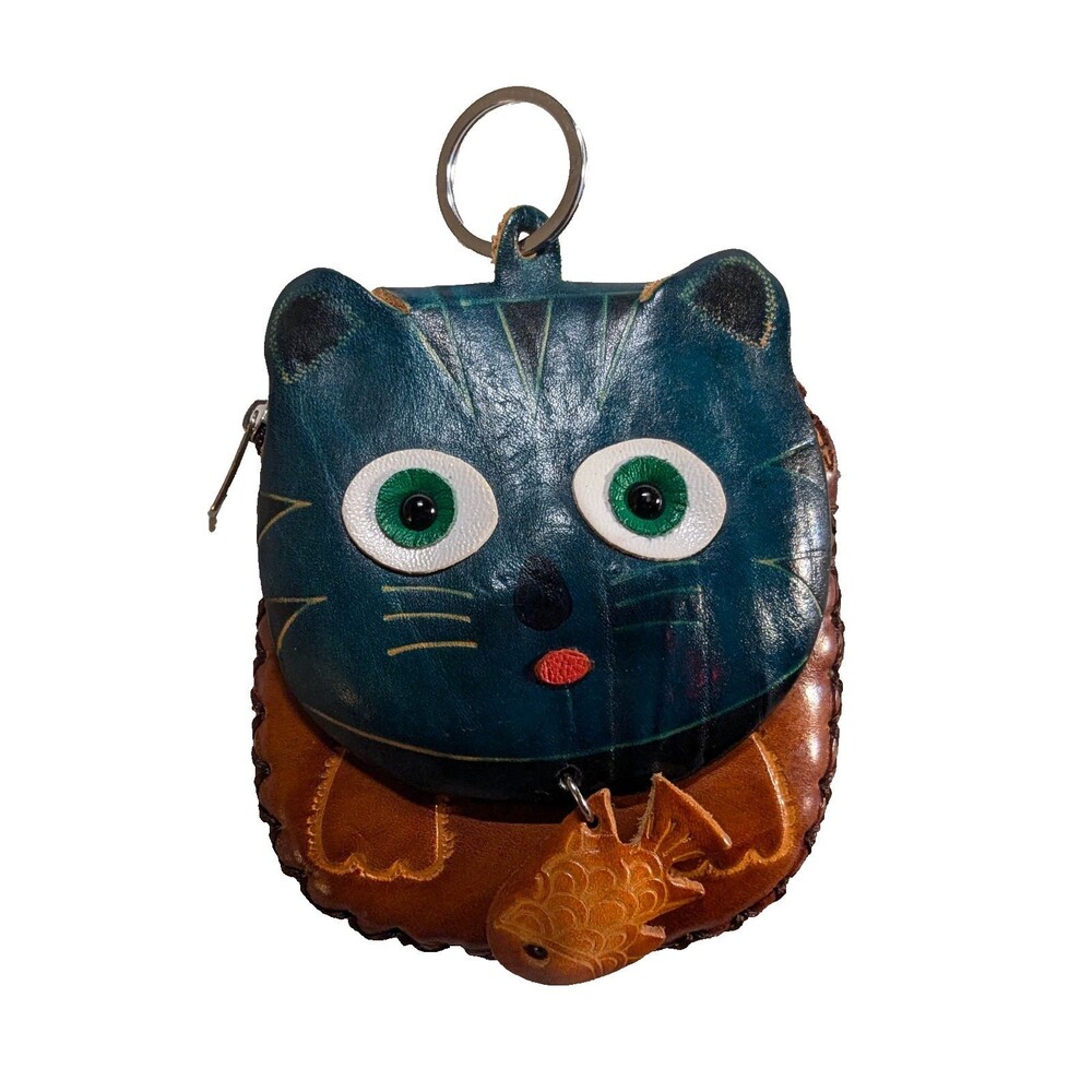 HAND MADE EMBOSSED GENUINE LEATHER CAT COIN PURSE/WRISTLET/POUCH/WALLET